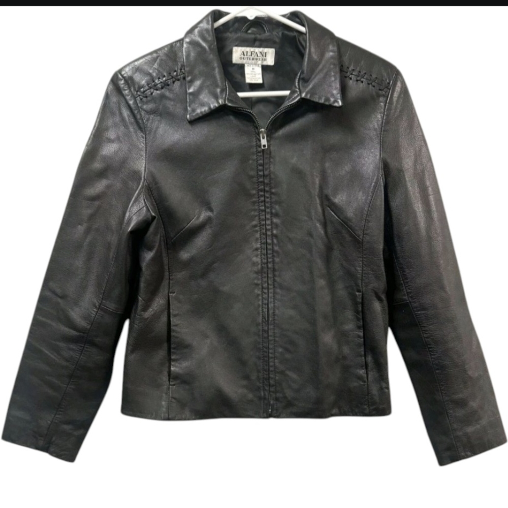 ALFANI Women's Black Vtg Y2K Genuine Leather Minimalist Casual Work Jacket SZ M